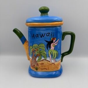 Ceramic Hawaii Themed Coffee Pot with Hula Dancer and Palm‎ Trees